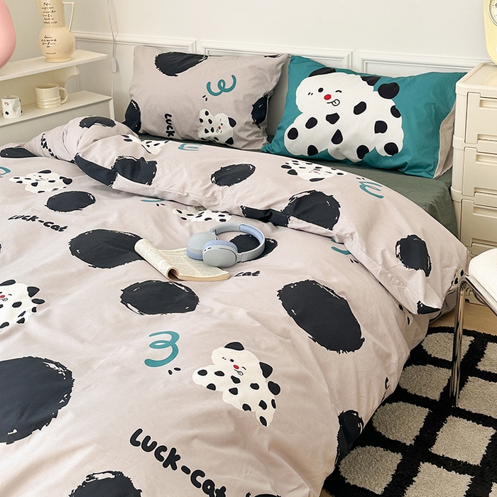 91家纺网 家纺一手货源 找家纺 昔可 新款创意枕套时尚柔舒全棉四件套 波点好运猫