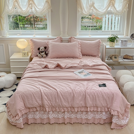 雅眠居 2024直播爆款韩版法式公主风纯色泡泡棉床盖款夏被四件套蕾丝床盖三件套 泡芙-粉