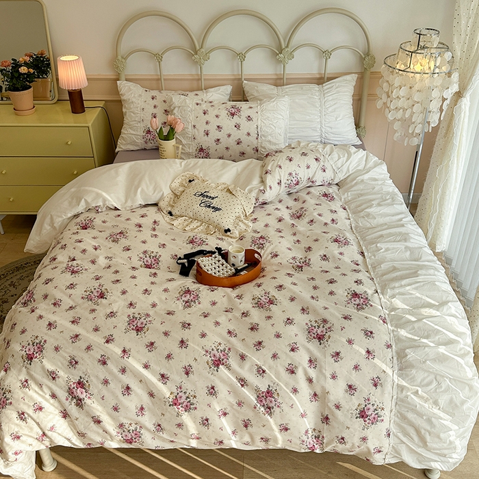 91家纺网 家纺一手货源 找家纺 昔可 新款褶皱花边全棉复古风四件套 卢森堡少女