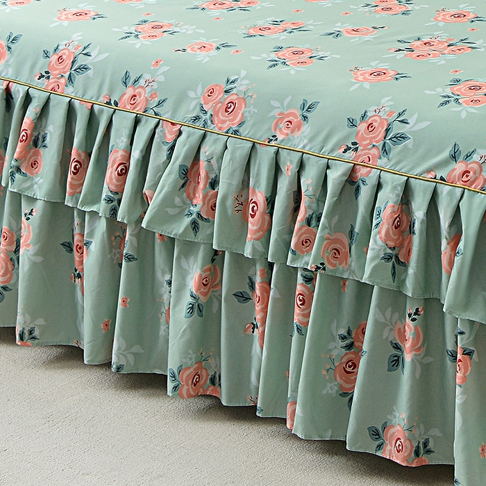 91家纺网 家纺一手货源 找家纺 小雨家纺 2026新款芦荟棉床裙四件套 春暖花开-浅绿