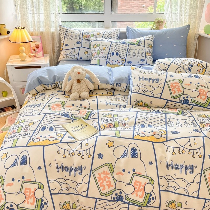 91家纺网 家纺一手货源 找家纺 本制 2024新款全棉印花小清新四件套 发财兔