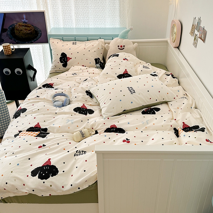 91家纺网 家纺一手货源 找家纺 昔可 新款多巴胺卡通简约风可爱亲肤四件套 哈皮狗狗