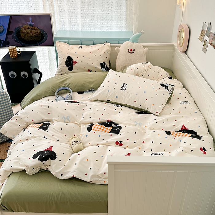 91家纺网 家纺一手货源 找家纺 昔可 新款多巴胺卡通简约风可爱亲肤四件套 哈皮狗狗