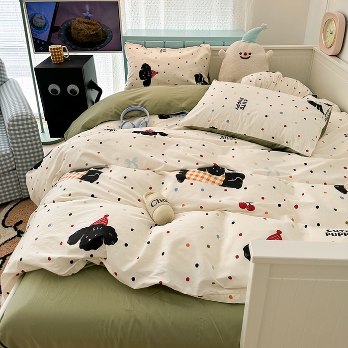 91家纺网 家纺一手货源 找家纺 昔可 新款多巴胺卡通简约风可爱亲肤四件套 哈皮狗狗