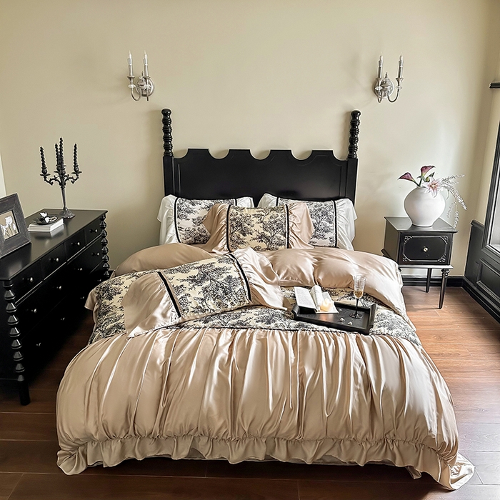 91家纺网 家纺一手货源 找家纺 黛舒家居 2024新款60s兰精天丝数码印花四件套-杨树林 杨树林-棕