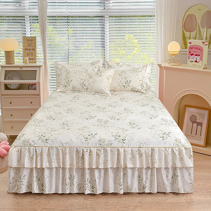 91家纺网 家纺一手货源 找家纺 小雨家纺 2026新款芦荟棉床裙三件套 香草