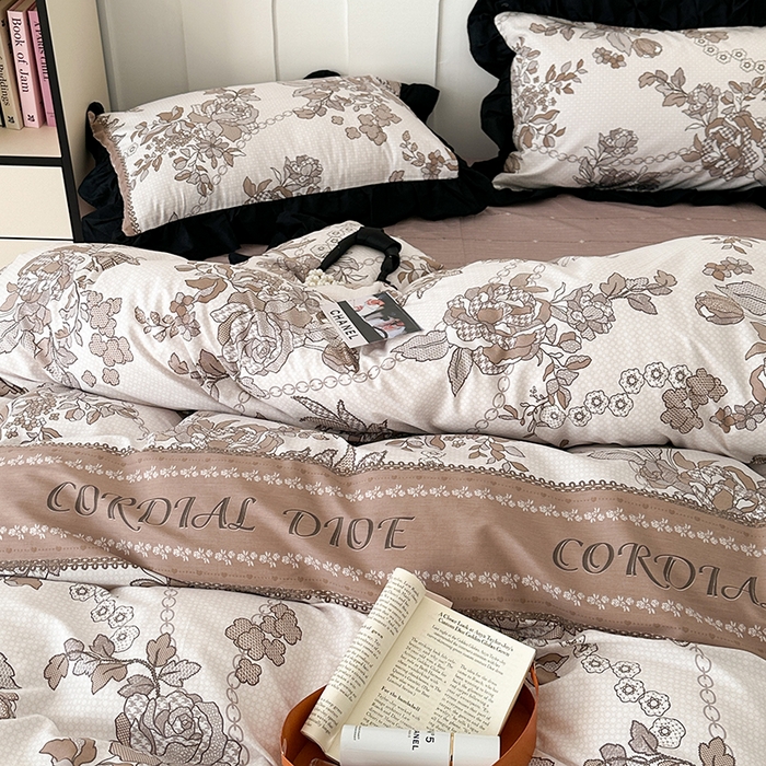 91家纺网 家纺一手货源 找家纺 昔可 新款单层大黑边复古花轻奢风四件套 复古咖花