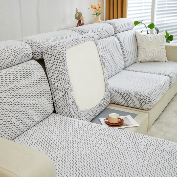 91家纺网 家纺一手货源 找家纺 千彤 2024新款常规款-阳离子拉花绒水波纹系列沙发笠沙发套罩弹力全包 深灰