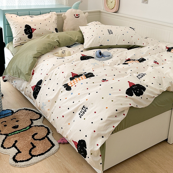 91家纺网 家纺一手货源 找家纺 昔可 新款多巴胺卡通简约风可爱亲肤四件套 哈皮狗狗