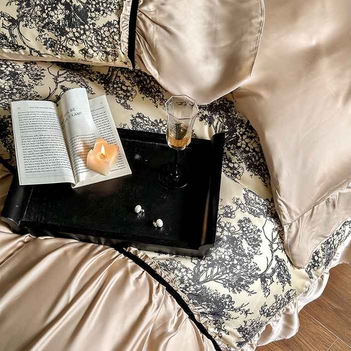 91家纺网 家纺一手货源 找家纺 黛舒家居 2024新款60s兰精天丝数码印花四件套-杨树林 杨树林-棕