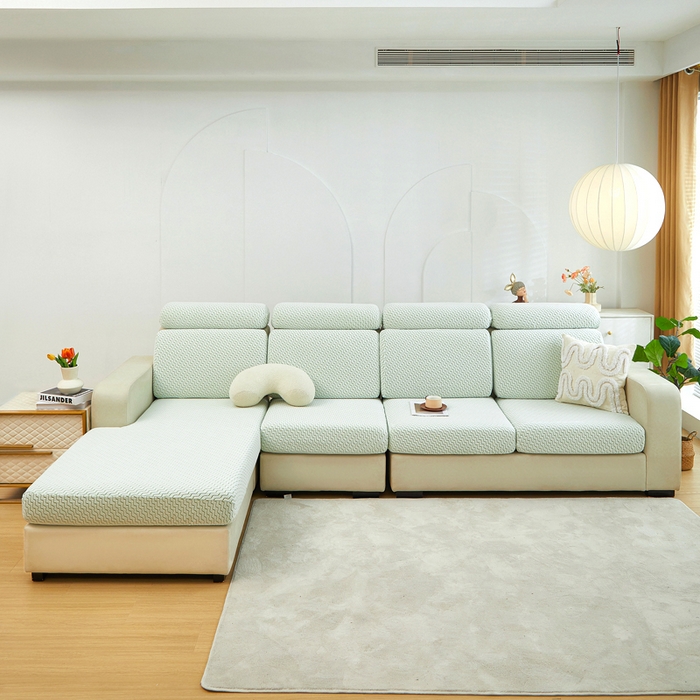 91家纺网 家纺一手货源 找家纺 千彤 2024新款常规款-阳离子拉花绒水波纹系列沙发笠沙发套罩弹力全包 浅绿