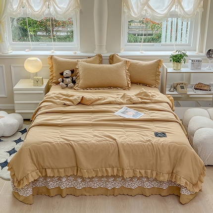 雅眠居 2024直播爆款韩版法式公主风纯色泡泡棉床盖款夏被四件套蕾丝床盖三件套 泡芙-咖
