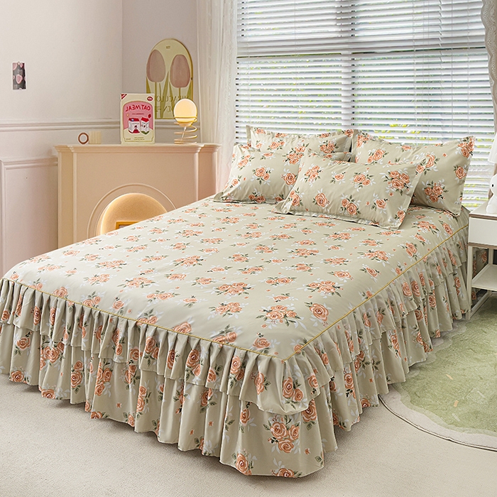 91家纺网 家纺一手货源 找家纺 小雨家纺 2026新款芦荟棉床裙三件套 春暖花开-棕