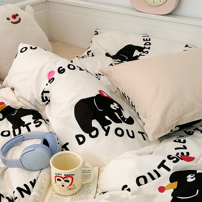 91家纺网 家纺一手货源 找家纺 昔可 新款多巴胺卡通简约风可爱亲肤四件套 小黑象