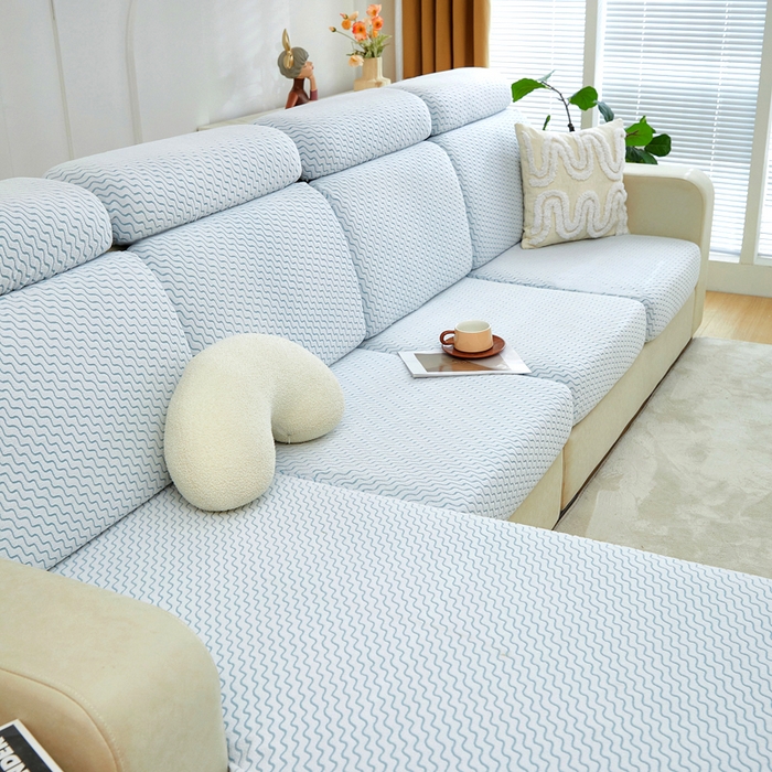 91家纺网 家纺一手货源 找家纺 千彤 2024新款常规款-阳离子拉花绒水波纹系列沙发笠沙发套罩弹力全包 浅蓝