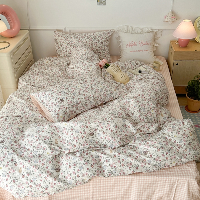 91家纺网 家纺一手货源 找家纺 昔可 新款春日氛围感小清新亲肤四件套 小兔花蓝