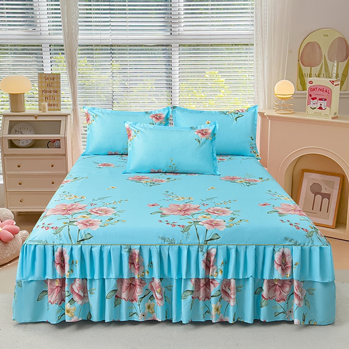 91家纺网 家纺一手货源 找家纺 小雨家纺 2026新款芦荟棉床裙三件套 碧玉佳人-兰