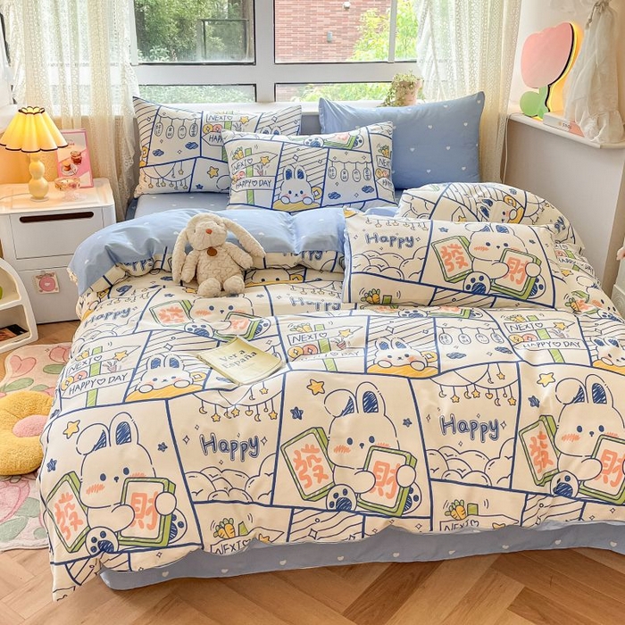 91家纺网 家纺一手货源 找家纺 本制 2024新款全棉印花小清新四件套 发财兔