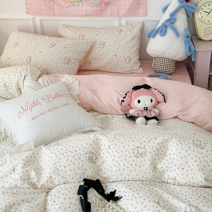 91家纺网 家纺一手货源 找家纺 昔可 新款春日氛围感小清新亲肤四件套 花园小兔