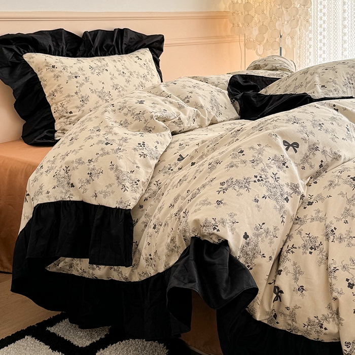 91家纺网 家纺一手货源 找家纺 昔可 新款单层大黑边复古花轻奢风四件套 花影蝴蝶