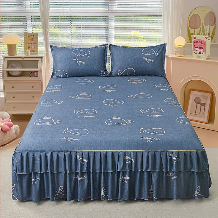 91家纺网 家纺一手货源 找家纺 小雨家纺 2026新款芦荟棉床裙三件套 小鲸鱼