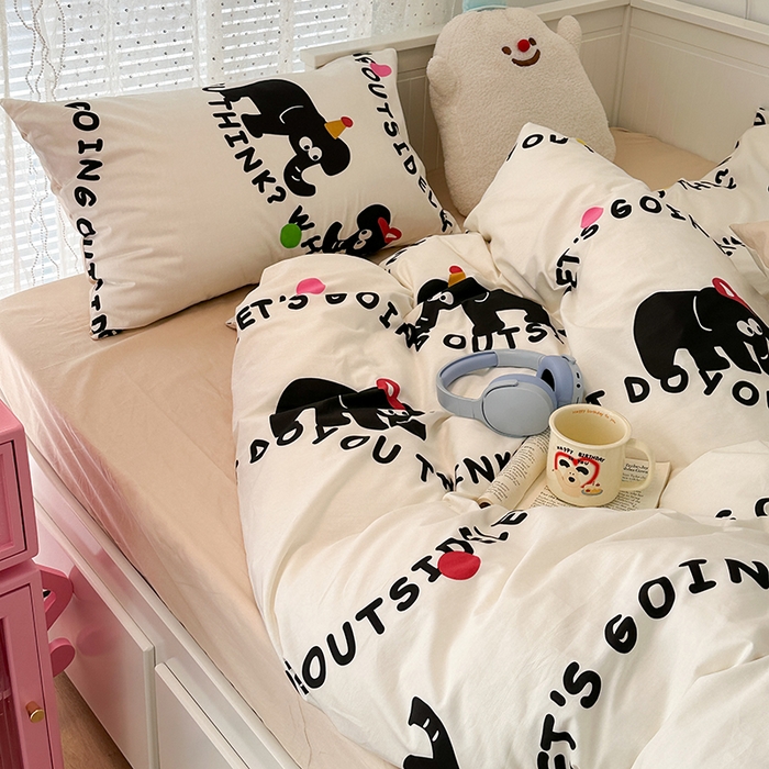 91家纺网 家纺一手货源 找家纺 昔可 新款多巴胺卡通简约风可爱亲肤四件套 小黑象