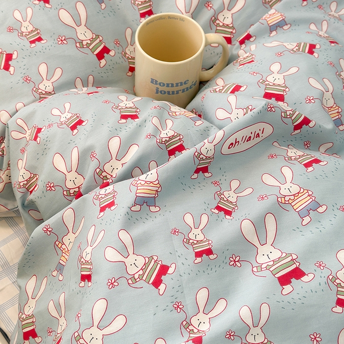 91家纺网 家纺一手货源 找家纺 昔可 新款春日氛围感小清新亲肤四件套 踏春小兔