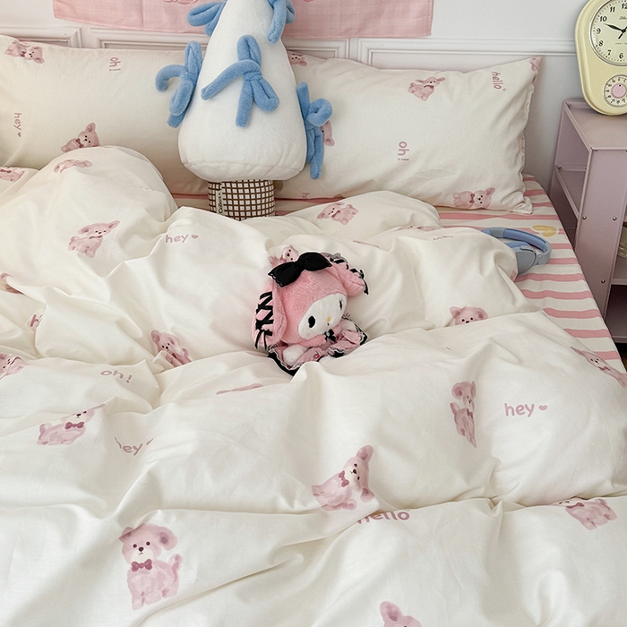 91家纺网 家纺一手货源 找家纺 昔可 新款多巴胺卡通简约风可爱亲肤四件套 蝴蝶结狗狗