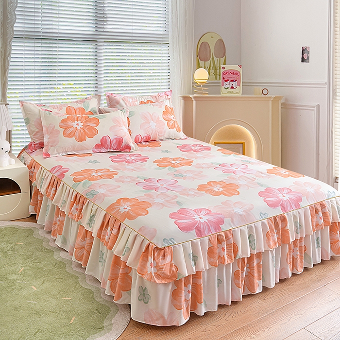 91家纺网 家纺一手货源 找家纺 小雨家纺 2026新款芦荟棉床裙三件套 甜梦-桔