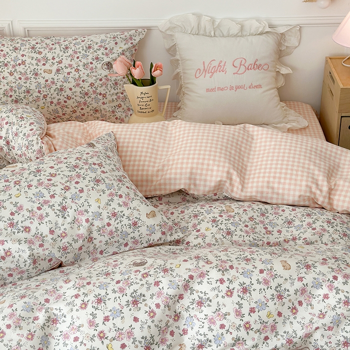 91家纺网 家纺一手货源 找家纺 昔可 新款春日氛围感小清新亲肤四件套 小兔花蓝