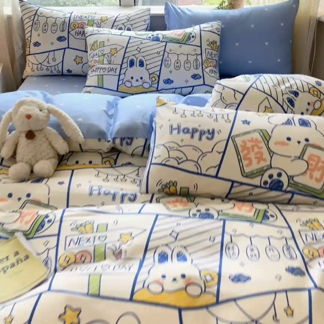 91家纺网 家纺一手货源 找家纺 本制 2024新款全棉印花小清新四件套 发财兔