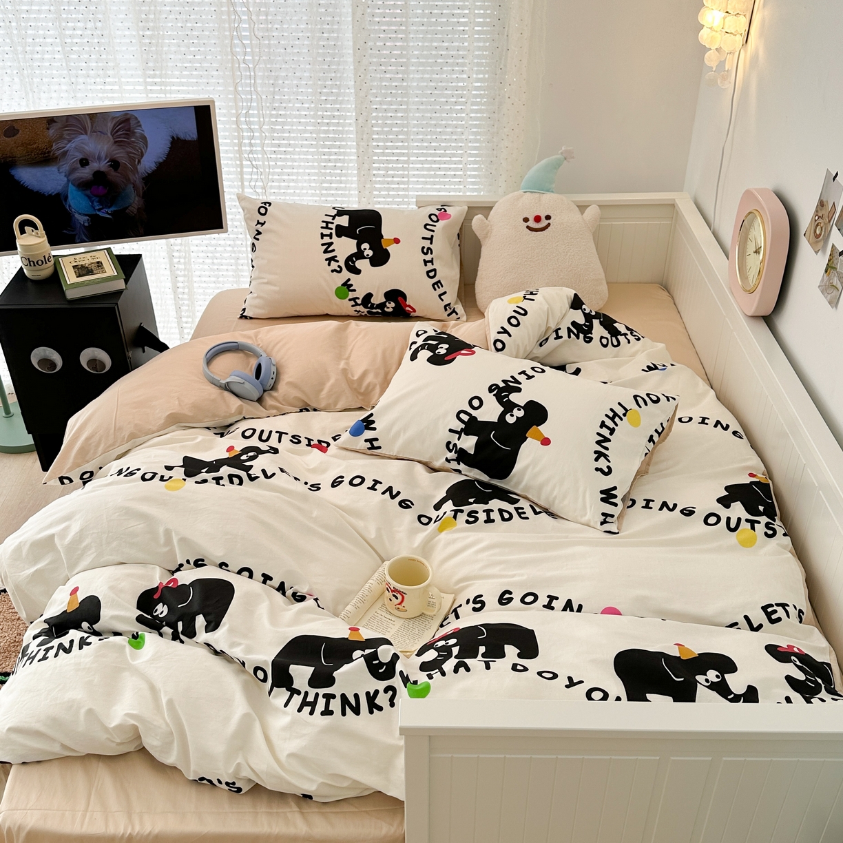 91家纺网 家纺一手货源 找家纺 昔可 新款多巴胺卡通简约风可爱亲肤四件套 小黑象