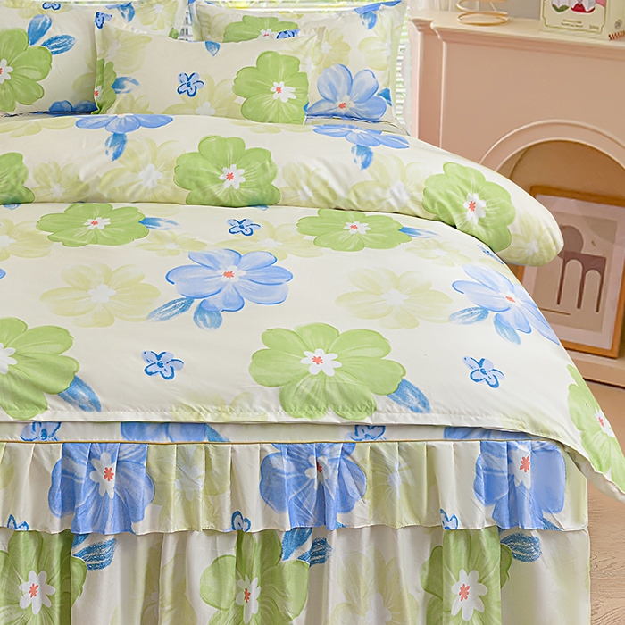 91家纺网 家纺一手货源 找家纺 小雨家纺 2026新款芦荟棉床裙四件套 甜梦-绿