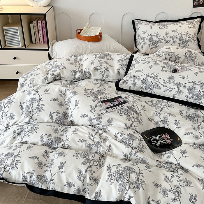 91家纺网 家纺一手货源 找家纺 昔可 2024新款单层黑边复古花古典儒雅四件套 香浮花月