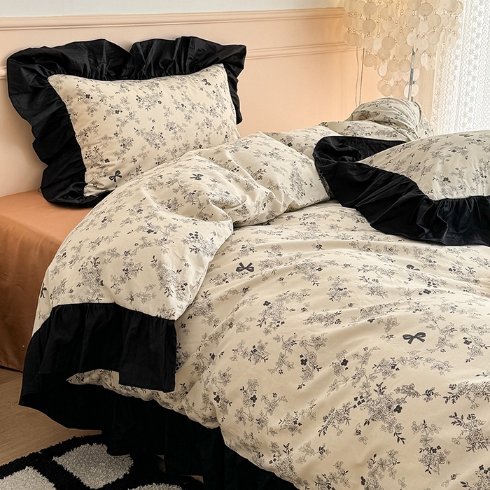91家纺网 家纺一手货源 找家纺 （总）昔可 新款单层大黑边复古花轻奢风四件套