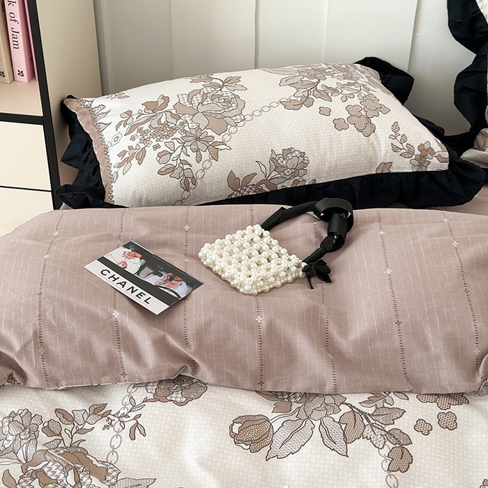 91家纺网 家纺一手货源 找家纺 昔可 新款单层大黑边复古花轻奢风四件套 复古咖花