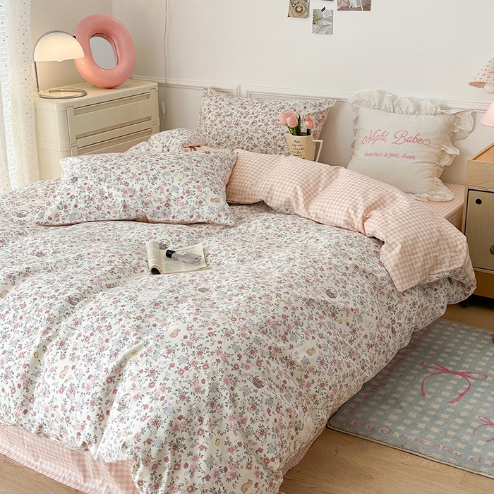 91家纺网 家纺一手货源 找家纺 昔可 新款春日氛围感小清新亲肤四件套 小兔花蓝