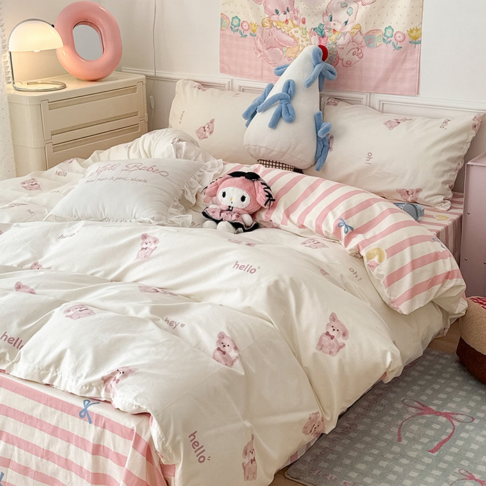 91家纺网 家纺一手货源 找家纺 昔可 新款多巴胺卡通简约风可爱亲肤四件套 蝴蝶结狗狗