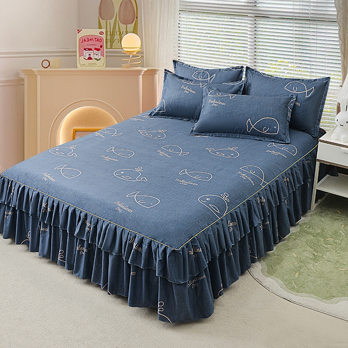 91家纺网 家纺一手货源 找家纺 小雨家纺 2026新款芦荟棉床裙三件套 小鲸鱼