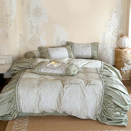 91家纺网 家纺一手货源 找家纺 惯盈家纺 2024新款100s贡缎长绒棉数码印花四件套法式复古-曼妙庄园 曼妙庄园-绿