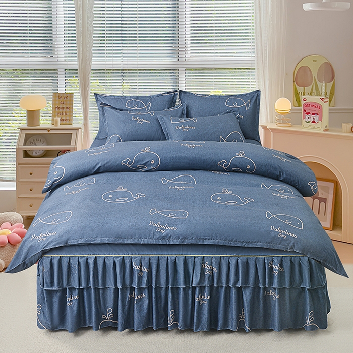 91家纺网 家纺一手货源 找家纺 小雨家纺 2026新款芦荟棉床裙四件套 小鲸鱼