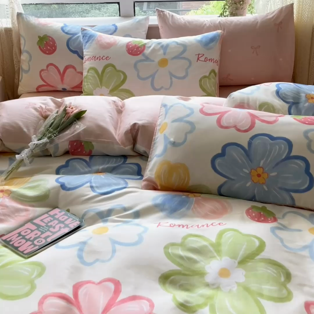 91家纺网 家纺一手货源 找家纺 本制 2024新款全棉印花小清新四件套 七色花