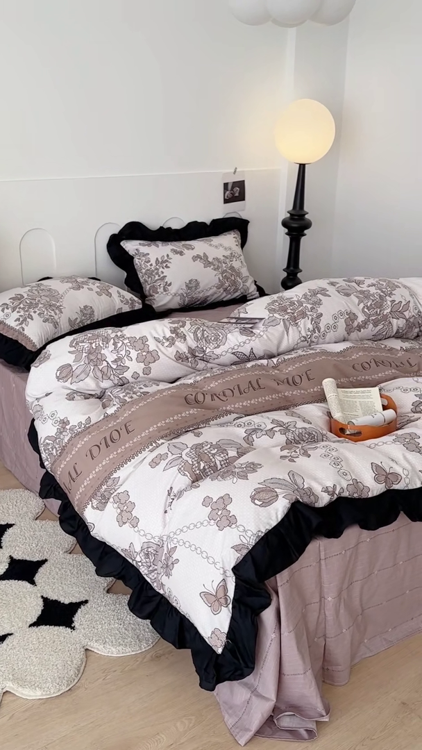 91家纺网 家纺一手货源 找家纺 昔可 新款单层大黑边复古花轻奢风四件套 复古咖花