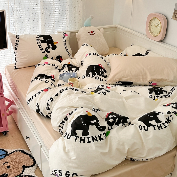 91家纺网 家纺一手货源 找家纺 昔可 新款多巴胺卡通简约风可爱亲肤四件套 小黑象