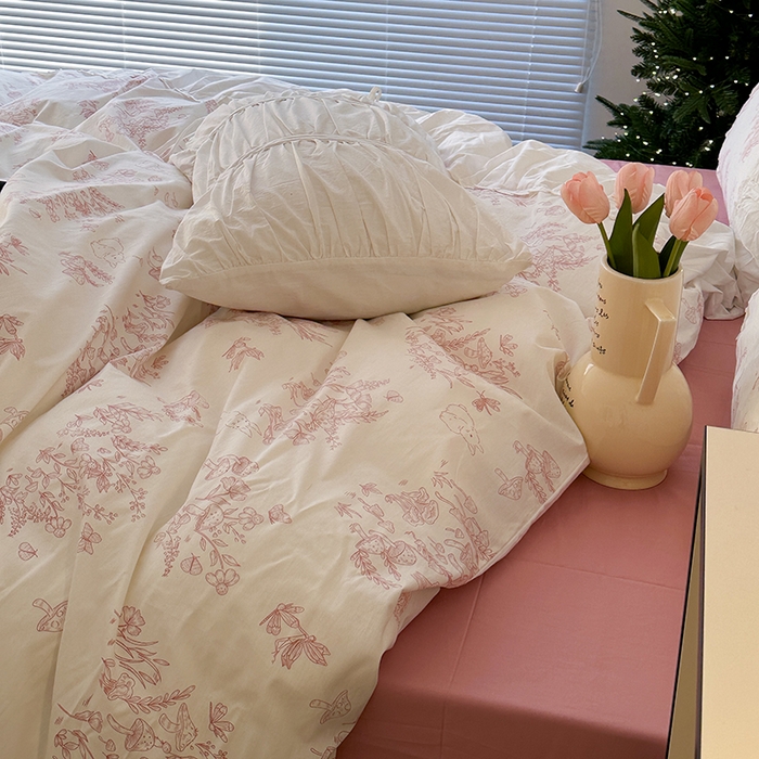 91家纺网 家纺一手货源 找家纺 昔可 新款褶皱花边全棉复古风四件套 复古素描花边