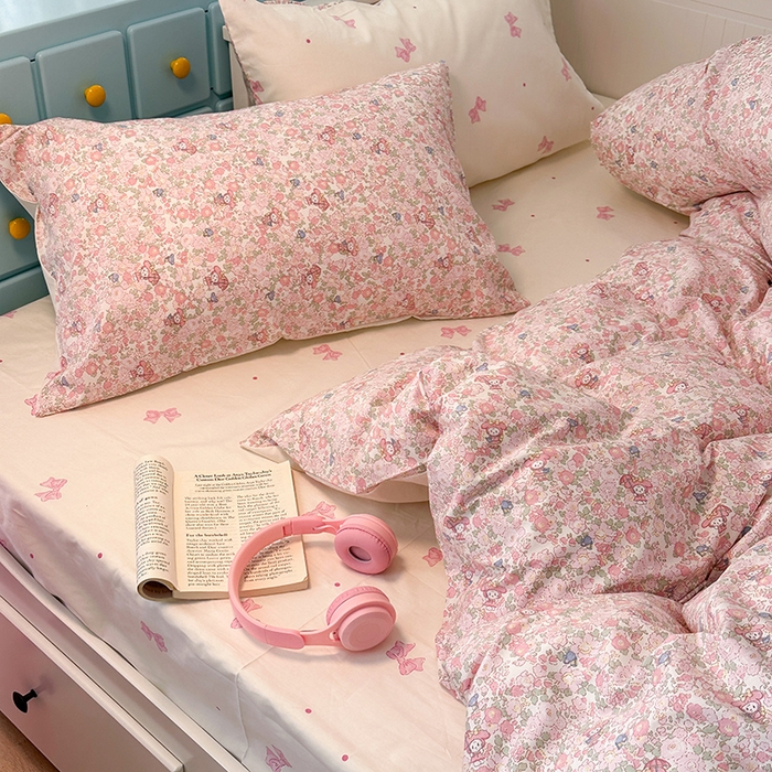 91家纺网 家纺一手货源 找家纺 昔可 新款春日氛围感小清新亲肤四件套 粉樱小兔