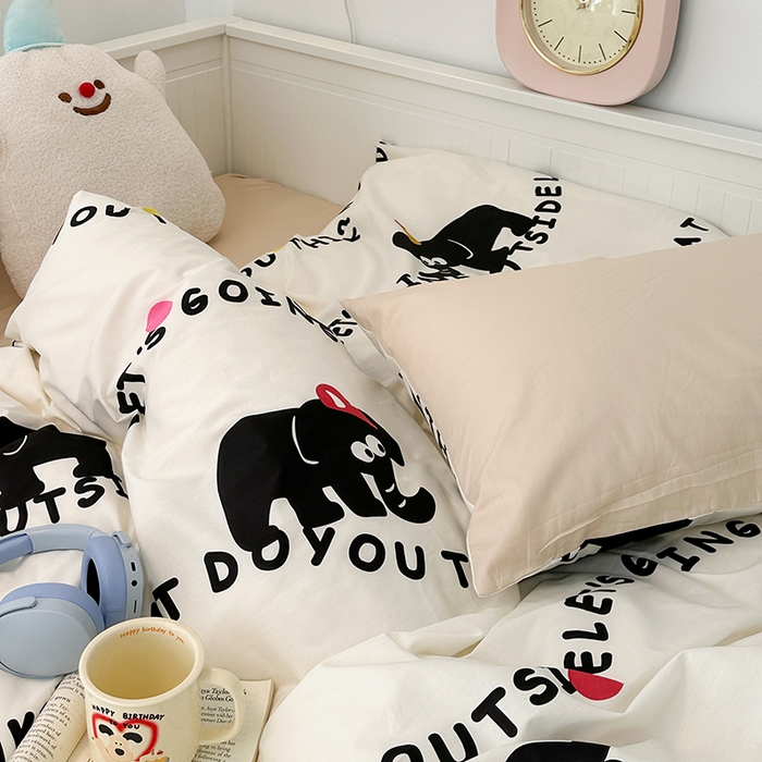 91家纺网 家纺一手货源 找家纺 昔可 新款多巴胺卡通简约风可爱亲肤四件套 小黑象