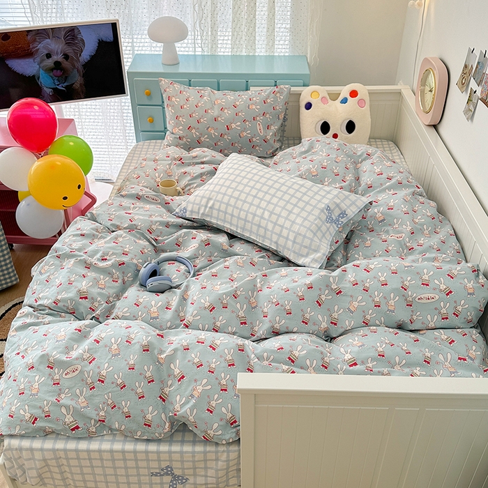 91家纺网 家纺一手货源 找家纺 昔可 新款春日氛围感小清新亲肤四件套 踏春小兔