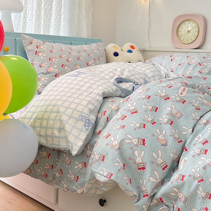 91家纺网 家纺一手货源 找家纺 昔可 新款春日氛围感小清新亲肤四件套 踏春小兔