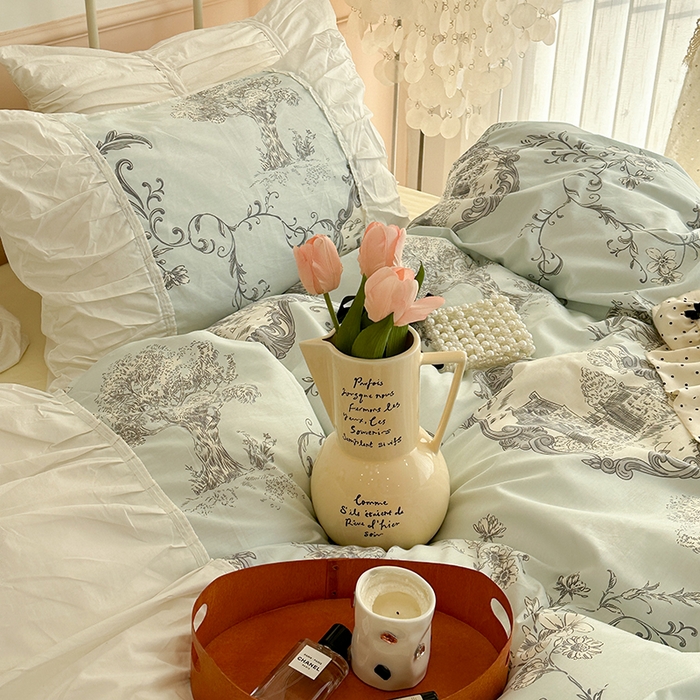 91家纺网 家纺一手货源 找家纺 昔可 新款褶皱花边全棉复古风四件套 复古城堡